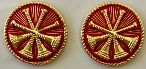 4 - BUGLES 15/16" RED DISC COLLAR PINS - SOLD IN PAIRS.